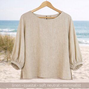 Caslon Linen Blend Oatmeal Balloon Sleeve Blouse Lagenlook Coastal XL